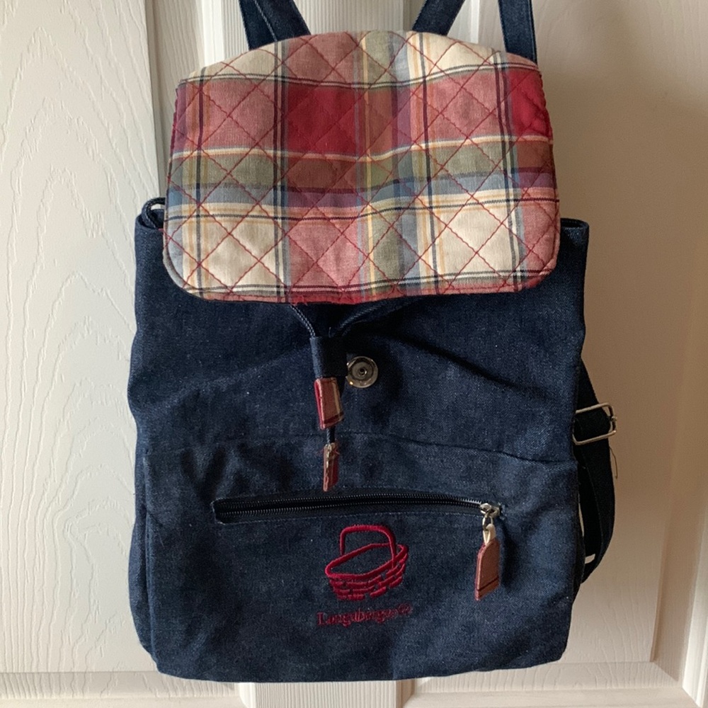 Longaberger denim and plaid, backpack, purse, and matching wallet